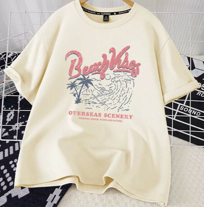 Casual Loose Short Sleeve T-Shirt (Beige Beach View S-2XL Size) (Contact customer service to confirm the shipping size after placing an order)】