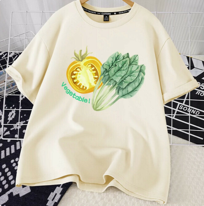 Casual loose short-sleeved T-shirt (beige eat more vegetables S-2XL size) (contact customer service to confirm the shipping size after placing an order)】