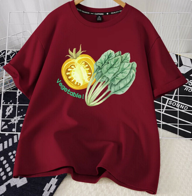 Casual loose short-sleeved T-shirt (burgundy eat more vegetables S-2XL size) (contact customer service to confirm the shipping size after placing an order)】