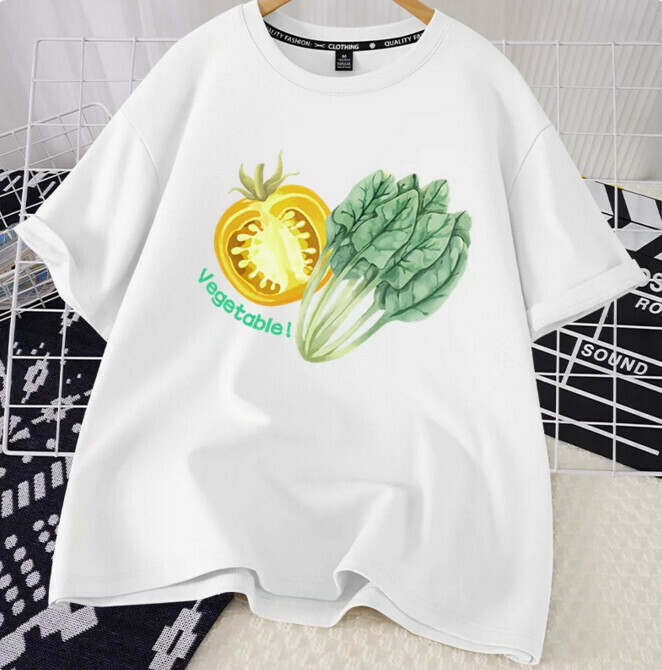 Casual loose short-sleeved T-shirt (white eat more vegetables S-2XL) (contact customer service to confirm the shipping size after placing an order)】