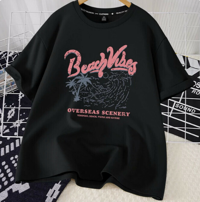 Casual Loose Short Sleeve T-Shirt (Black Beach View S-2XL) (Contact customer service to confirm the shipping size after placing an order)】