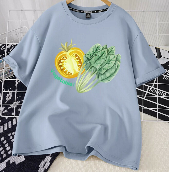 Casual loose short-sleeved T-shirt (lake blue, eat more vegetables, S-2XL size) (contact customer service to confirm the shipping size after placing an order)】