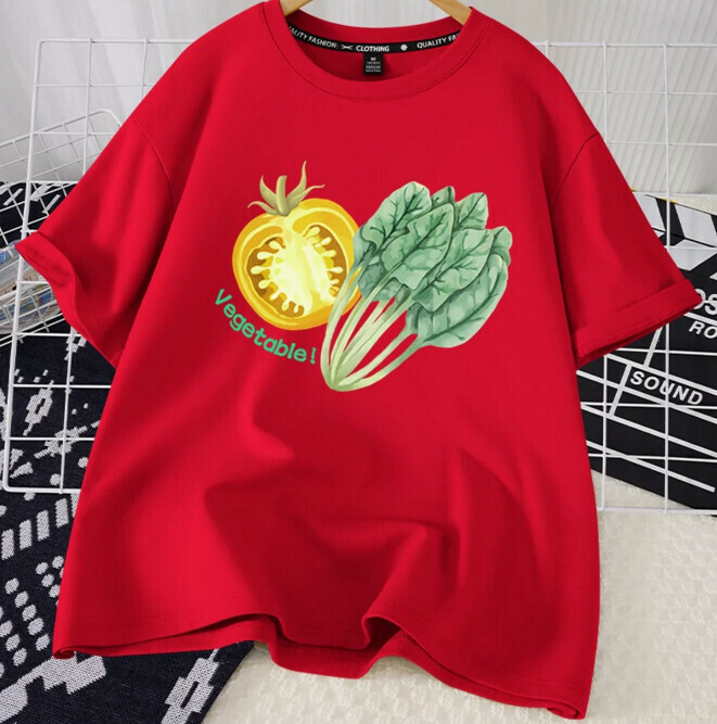 Casual loose short-sleeved T-shirt (red eat more vegetables S-2XL) (contact customer service to confirm the shipping size after placing an order)】