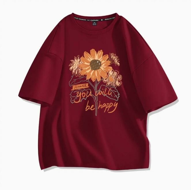 Casual loose short-sleeved T-shirt (burgundy sunflower S-2XL) (contact customer service to confirm the shipping size after placing an order)】