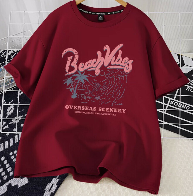 Casual loose short-sleeved T-shirt (burgundy beach scenery S-2XL) (contact customer service to confirm the shipping size after placing an order)】