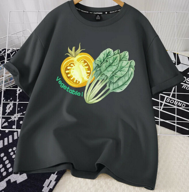 Casual loose short-sleeved T-shirt (quiet gray eat more vegetables S-2XL size) (contact customer service to confirm the shipping size after placing an order)】