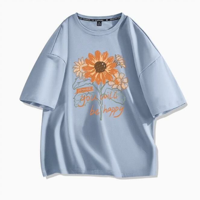 Casual loose short-sleeved T-shirt (Lake Blue Sunflower S-2XL size) (contact customer service to confirm the shipping size after placing an order)】