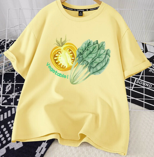 Casual loose short-sleeved T-shirt (cream yellow eat more vegetables S-2XL size) (contact customer service to confirm the shipping size after placing an order)】