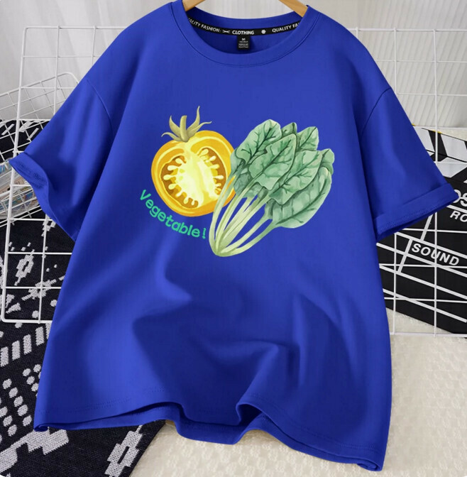 Casual loose short-sleeved T-shirt (royal blue eat more vegetables S-2XL size) (contact customer service to confirm the shipping size after placing an order)】