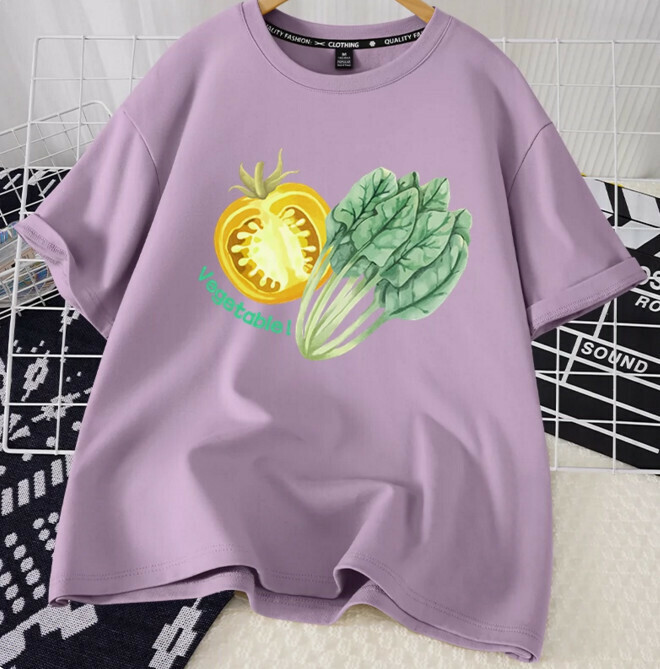 Casual loose short-sleeved T-shirt (taro purple eat more vegetables S-2XL size) (contact customer service to confirm the shipping size after placing an order)】