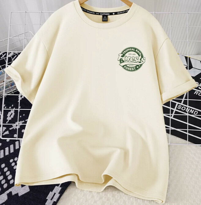 Casual loose short-sleeved T-shirt (beige forest badge S-2XL) (contact customer service to confirm the shipping size after placing an order)】