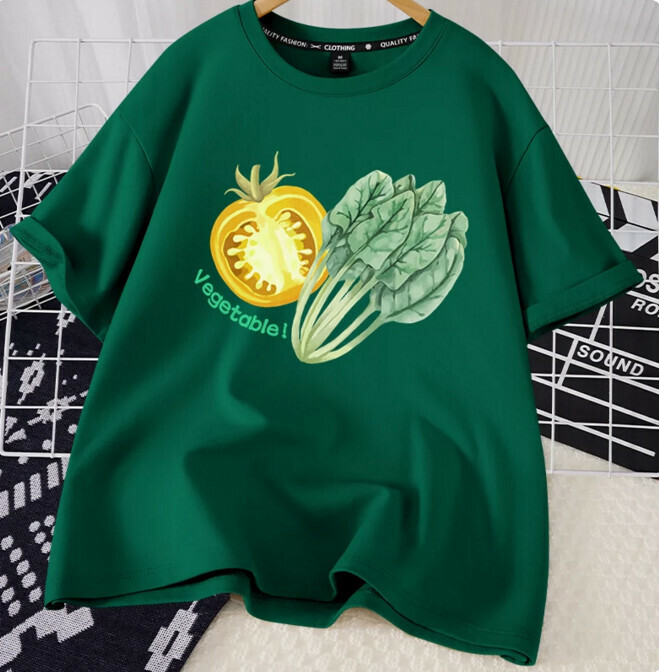 Casual loose short-sleeved T-shirt (dark green eat more vegetables S-2XL size) (contact customer service to confirm the shipping size after placing an order)】