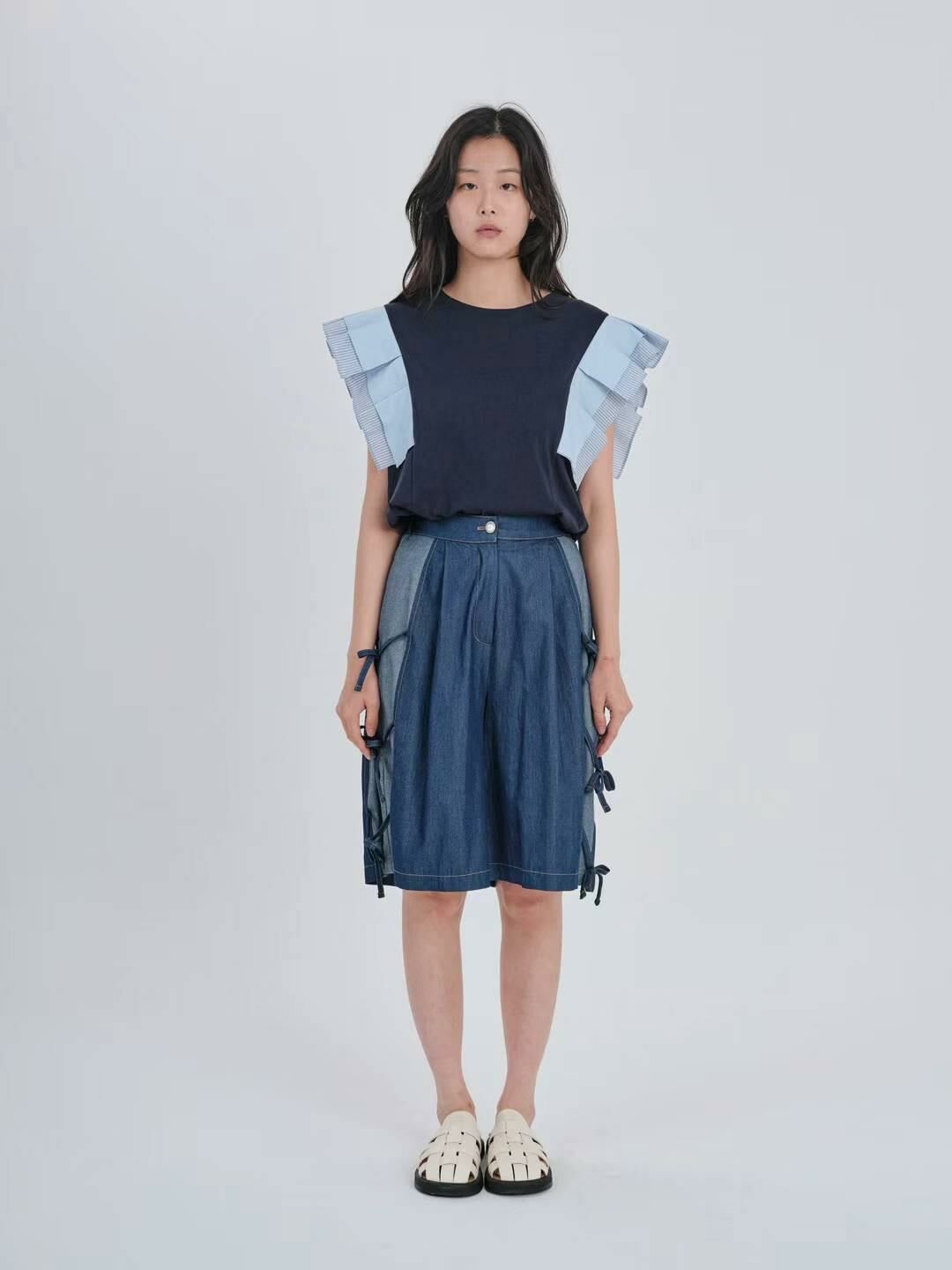 預購 - KR 拼色百褶袖Top