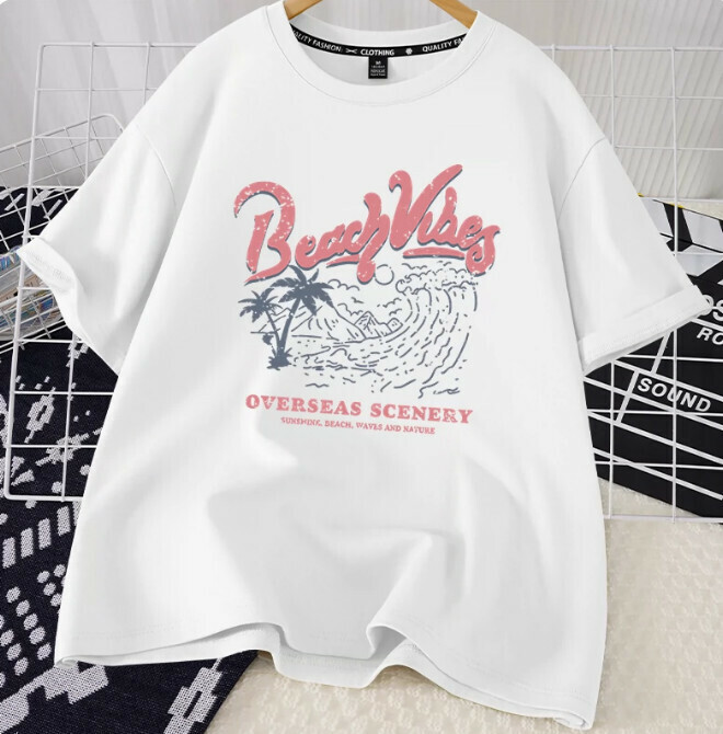 Casual loose short-sleeved T-shirt (white beach view S-2XL) (contact customer service to confirm the shipping size after placing an order)】