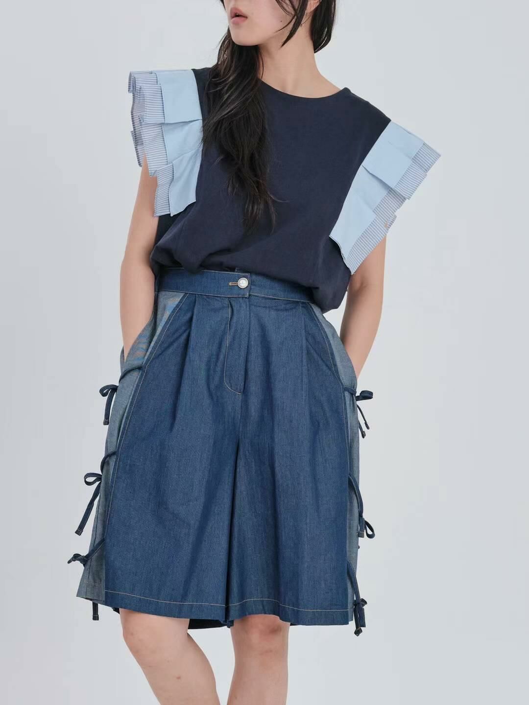 預購 - KR 牛仔拼色側綁蝴蝶結短褲Pants