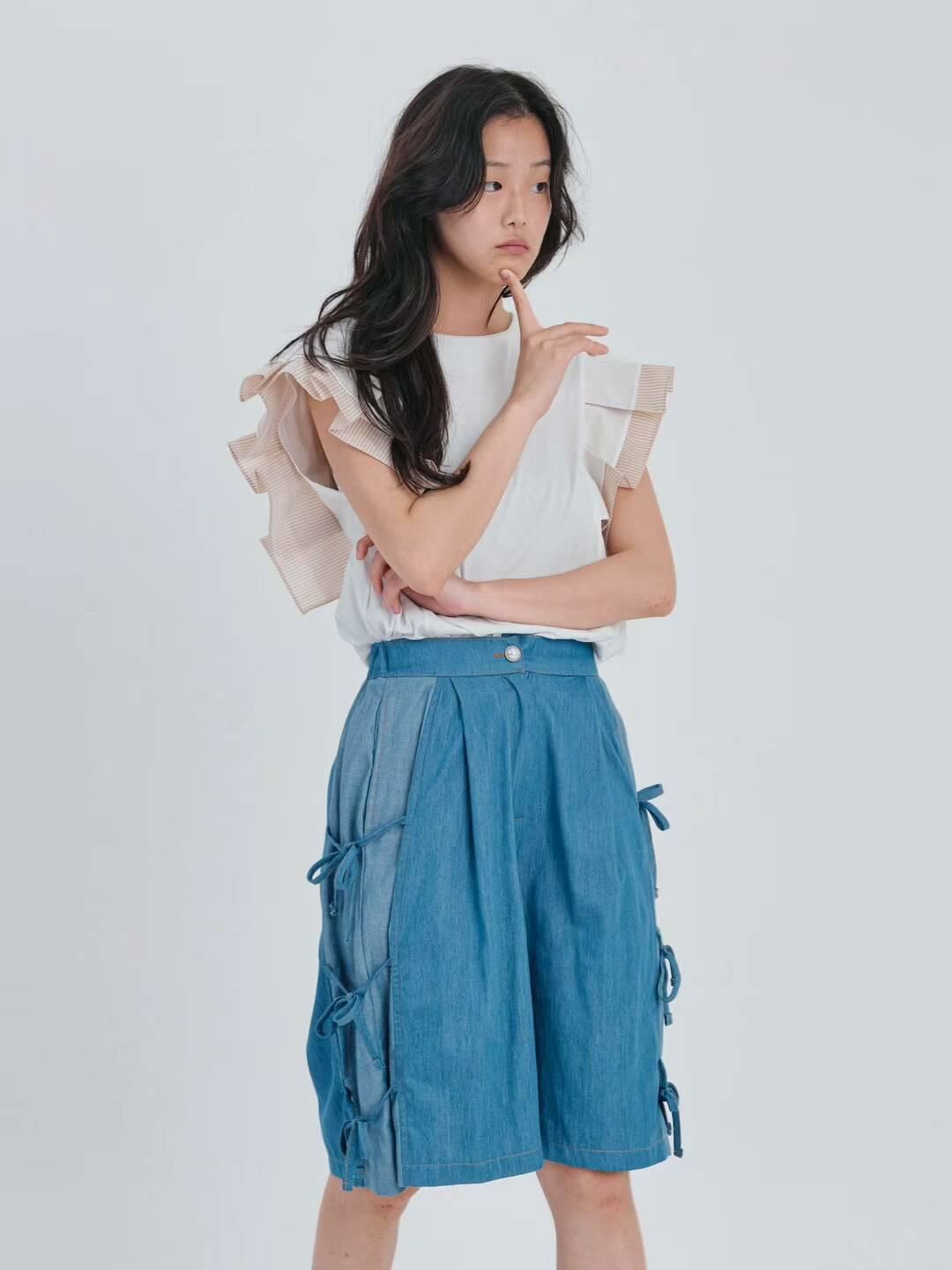 預購 - KR 牛仔拼色側綁蝴蝶結短褲Pants