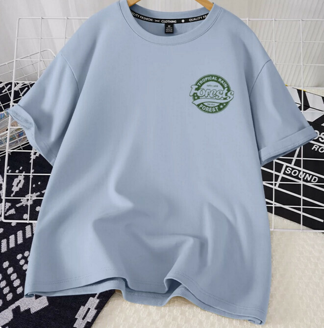 Casual loose short-sleeved T-shirt (lake blue forest badge S-2XL) (contact customer service to confirm the shipping size after placing an order)】