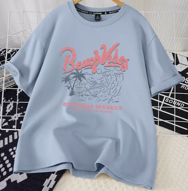 Casual loose short-sleeved T-shirt (lake blue beach scenery S-2XL size) (contact customer service to confirm the shipping size after placing an order)】