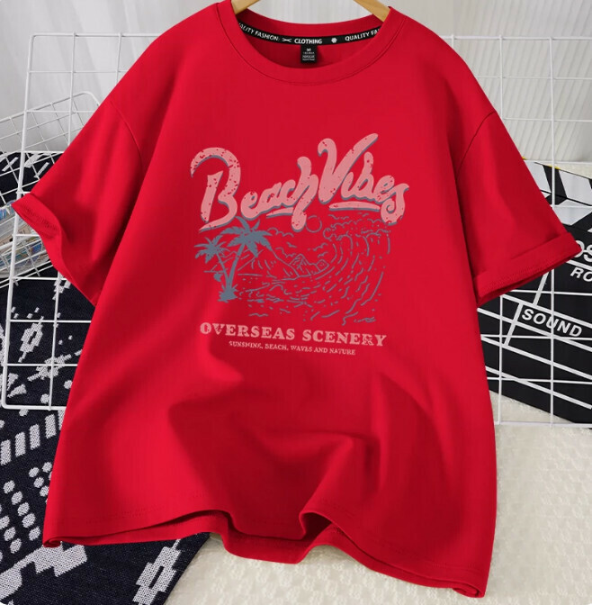 Casual Loose Short Sleeve T-Shirt (Red Beach View S-2XL) (Contact customer service to confirm the shipping size after placing an order)】
