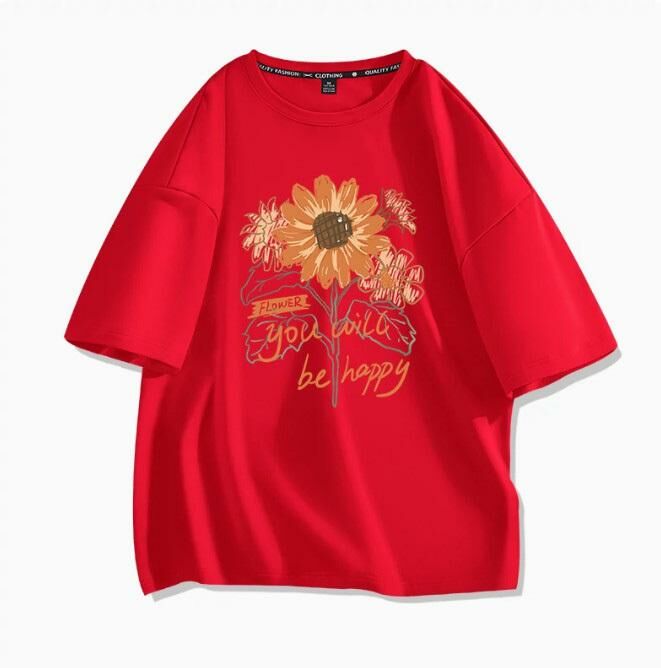 Casual Loose Short Sleeve T-Shirt (Red Sunflower S-2XL) (Contact customer service to confirm the shipping size after placing an order)】