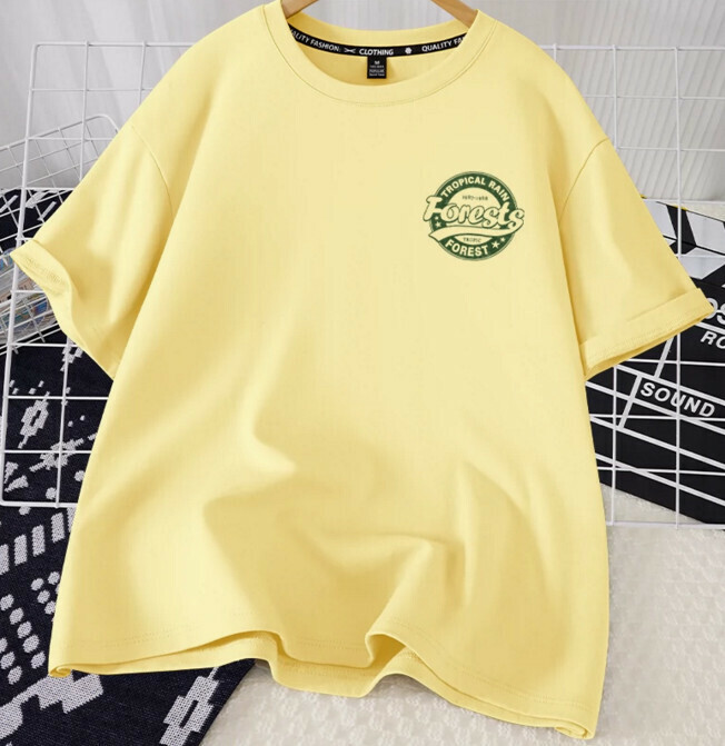 Casual loose short-sleeved T-shirt (cream yellow forest badge S-2XL) (contact customer service to confirm shipping size after placing an order)】