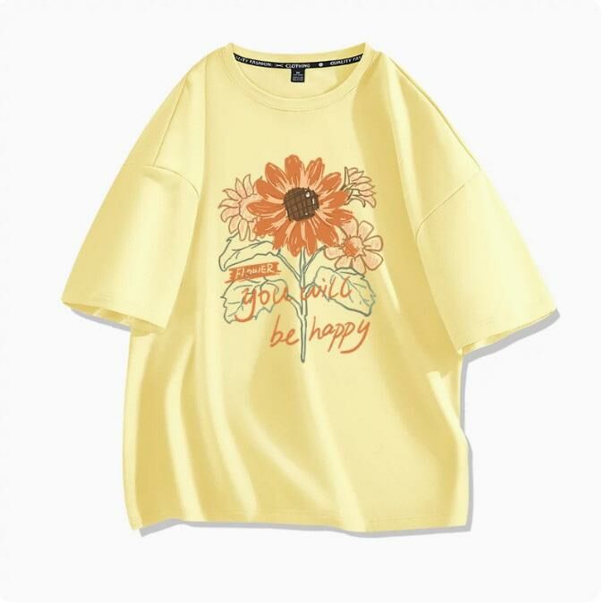 Casual loose short-sleeved T-shirt (cream yellow sunflower S-2XL) (contact customer service to confirm the shipping size after placing an order)】