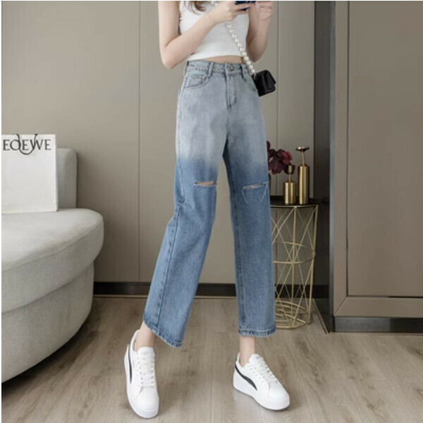 熱賣漸變色直筒牛仔褲（951破洞九分）（碼數：XXS/XS/S/M/L/XL)(下單後聯絡客服確認尺碼）】