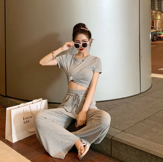 Solid color slim short open belly button set [gray] (size: S-XL) (contact customer service to confirm the shipping size after placing an order)】