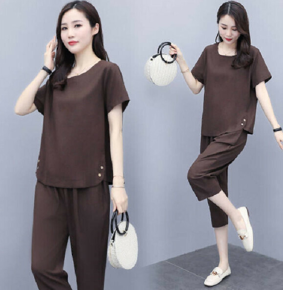 Casual slim cropped pants two-piece set [coffee] (size: L-5XL) (contact customer service to confirm the shipping size after placing an order)]