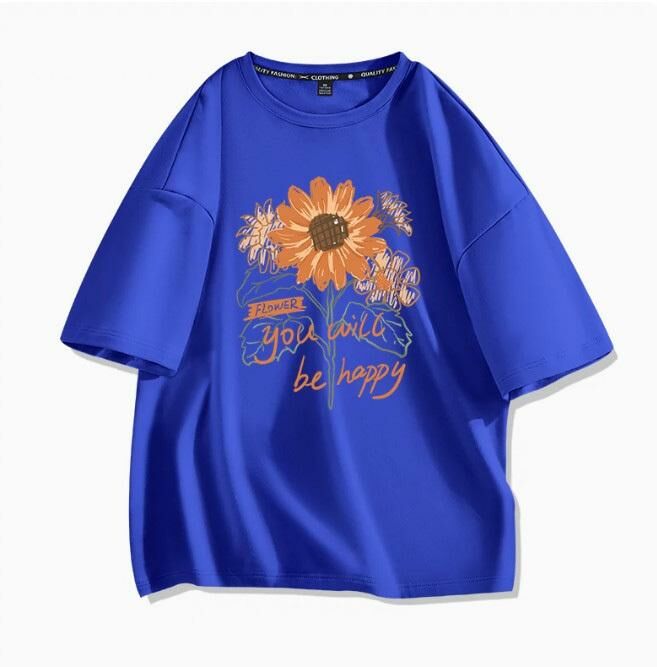 Casual loose short-sleeved T-shirt (royal blue sunflower S-2XL) (contact customer service to confirm the shipping size after placing an order)】