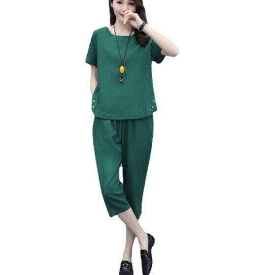 Casual slimming cropped pants two-piece set [green] (size: L-5XL) (contact customer service to confirm the shipping size after placing an order)】