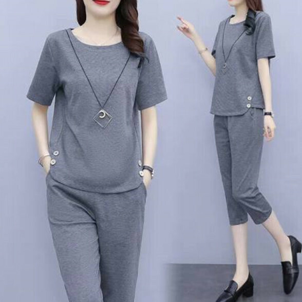 Casual slimming cropped pants two-piece set [gray] (size: L-5XL) (contact customer service to confirm the shipping size after placing an order)]