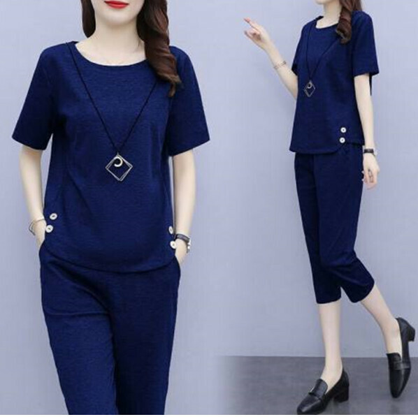 Casual slimming cropped pants two-piece set [navy blue] (size: L-5XL) (contact customer service to confirm the shipping size after placing an order)]