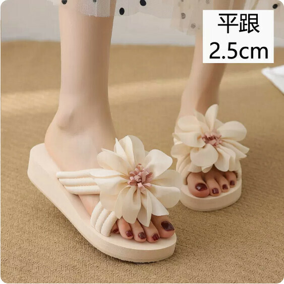 Summer Fabric Flip Florals (XE-093-75 Off-White Flat Heel 2.5cm) [Size 34-41] [Contact Customer Service to Confirm Shipping Size After Placing an Order]]
