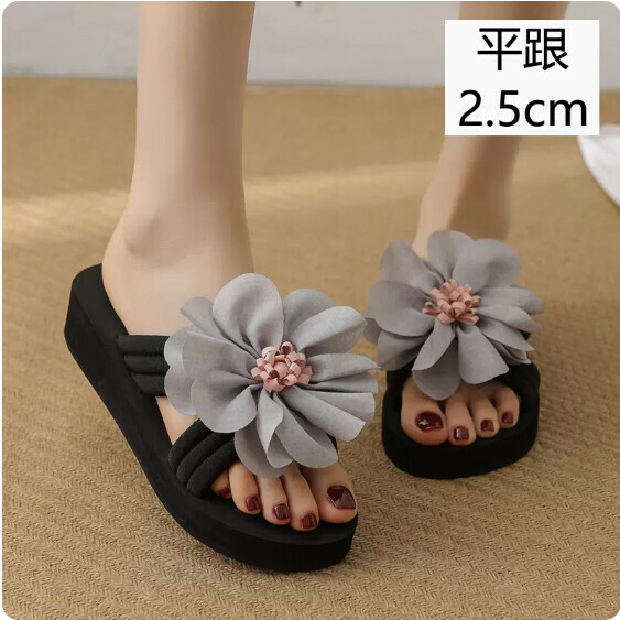 Summer Fabric Flip Florals (TXE-093-75 Gray Flat Heel 2.5cm) [34-41 Size] [Contact Customer Service to Confirm Shipping Size After Placing an Order]