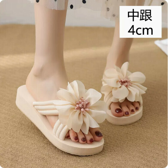 Summer Fabric Flip Florals (TXE-093-75 Off-White Heel 4cm) [Size 34-41] [Contact customer service to confirm shipping size after placing an order]