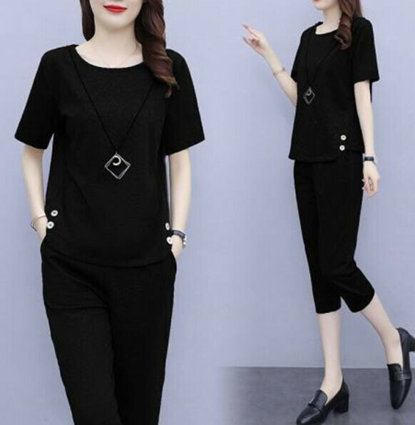 Casual slimming cropped pants two-piece set [black] (size: L-5XL) (contact customer service to confirm the shipping size after placing an order)]