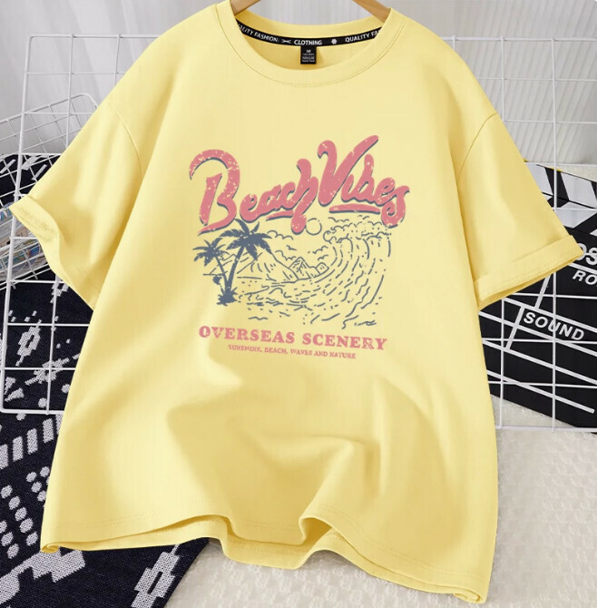 Casual Loose Short Sleeve T-Shirt (Cream Beach Scenery S-2XL) (Contact customer service to confirm the shipping size after placing an order)】