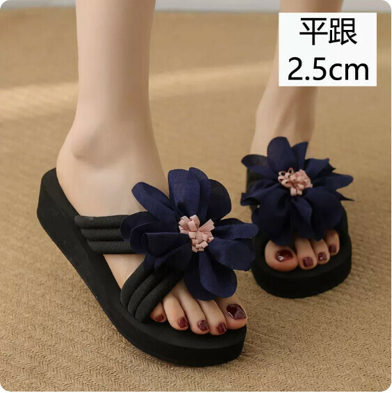 Summer Fabric Flip Florals (TXE-093-75 Dark Blue Flat Heel 2.5cm) [Size 34-41] [Contact Customer Service to Confirm Shipping Size After Placing an Order]]