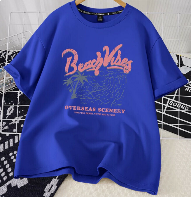 Casual Loose Short Sleeve T-Shirt (Royal Blue Beach View S-2XL) (Contact customer service to confirm the shipping size after placing an order)】