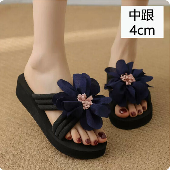 Summer Fabric Flip Florals (TXE-093-75 Dark Blue Middle Heel 4cm) [Size 34-41] [Contact Customer Service to Confirm Shipping Size After Placing an Order]
