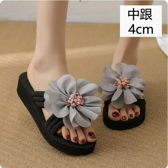 Summer Fabric Flippers (TXE-093-75 Gray Heel 4cm) [34-41 size] [Contact customer service to confirm shipping size after placing an order]
