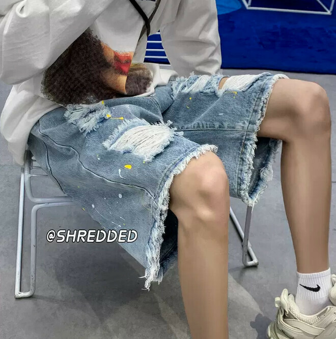 爆款潑墨破洞牛仔短褲（藍色M-5XL）（下單后聯繫客服確認發貨尺碼）】
