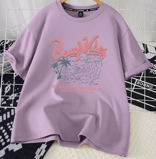 Casual loose short-sleeved T-shirt (taro purple beach scenery S-2XL size) (contact customer service to confirm the shipping size after placing an order)】
