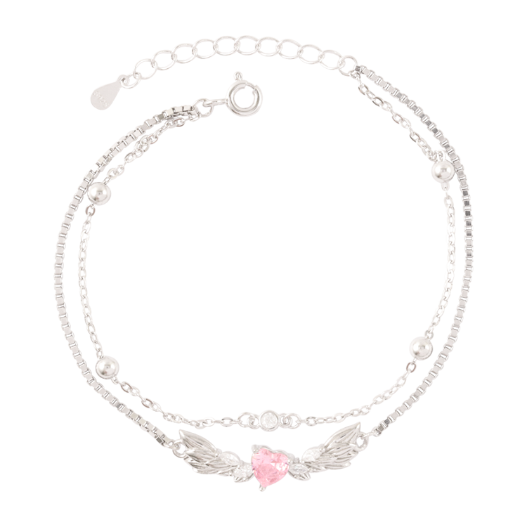 純銀手鍊，情侶手鍊 羽翼設計；粉色愛心鋯石鑲嵌（3790女款）