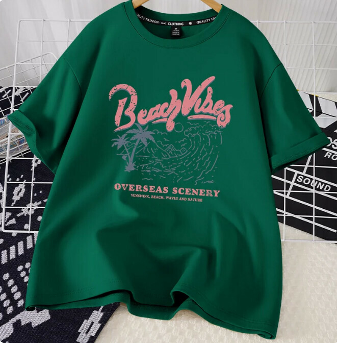 Casual Loose Short Sleeve T-Shirt (Dark Green Beach Scenery S-2XL Size) (Contact customer service to confirm the shipping size after placing an order)】