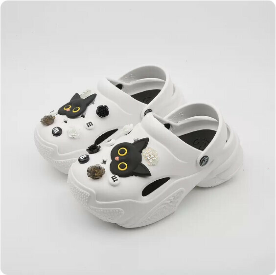 Summer Daddy Thick-bottomed Hole Cave Baotou Slippers (1917-1 Black Cat on White Background) [36-41 Size] [Contact Customer Service to Confirm Shipping Size After Placing an Order]]