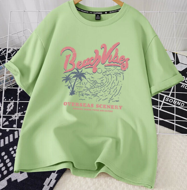 Casual loose short-sleeved T-shirt (fruit green beach scenery S-2XL size) (contact customer service to confirm shipping size after placing an order)】
