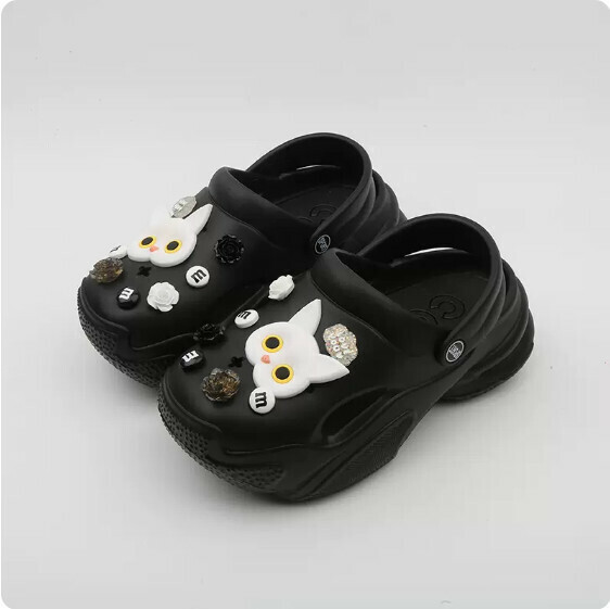 Summer Daddy Thick-bottomed Hole Baotou Slippers (1917-1 White Cat on Black Bottom) [36-41 Size] [Contact Customer Service to Confirm Shipping Size after Placing an Order]]