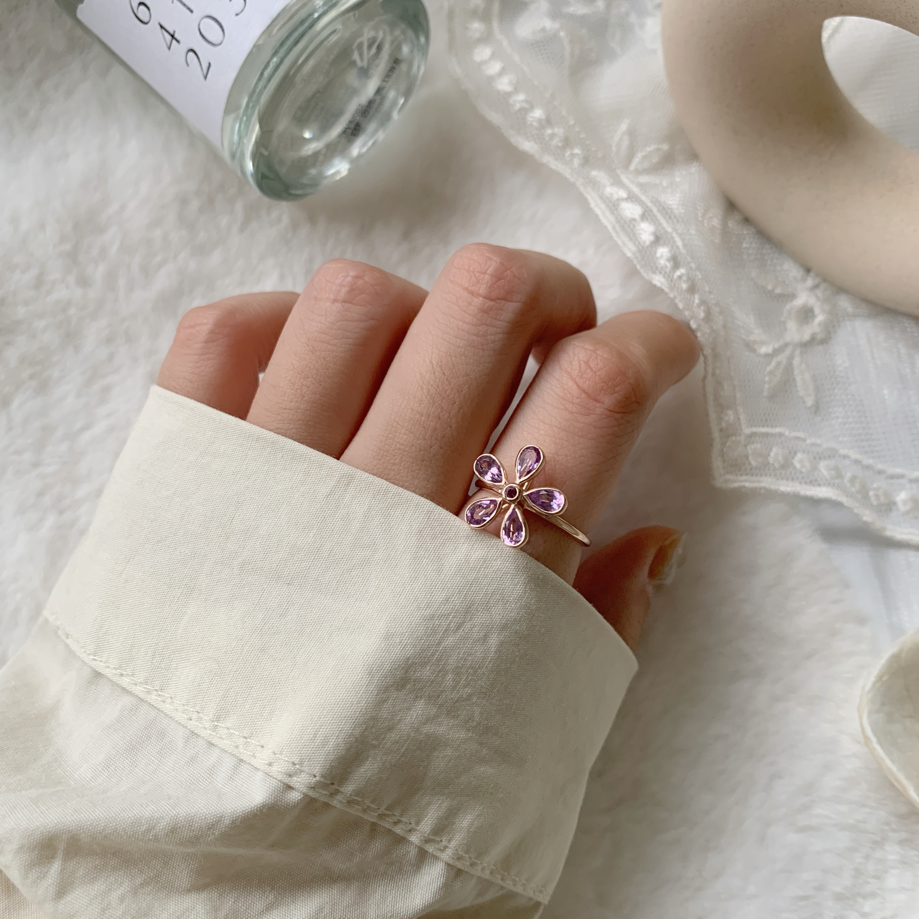 簡約花花紫水晶玫瑰石榴石戒指